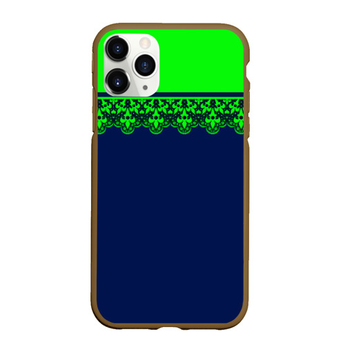 Чехол для iPhone 11 Pro матовый Green Lace Зеленое кружево на темном синем фоне, цвет коричневый