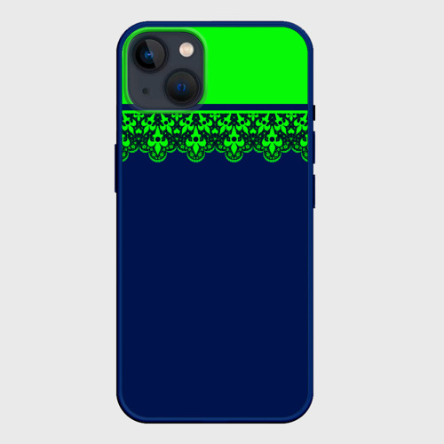 Чехол для iPhone 14 Plus с принтом Green Lace Зеленое кружево на темном синем фоне, вид спереди #2