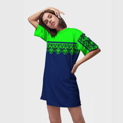 Платье-футболка 3D Green Lace Зеленое кружево на темном синем фоне - фото 2