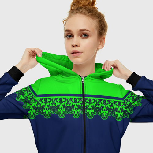 Женская толстовка 3D на молнии Green Lace Зеленое кружево на темном синем фоне, цвет черный - фото 5