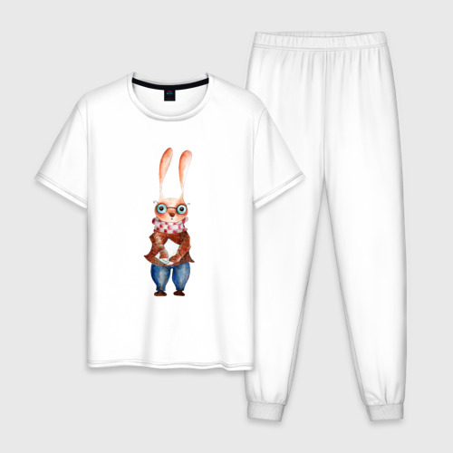 Мужская пижама хлопок с принтом Кролик в очках, вид спереди #2