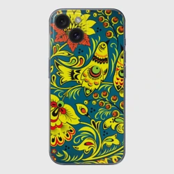 Чехол для iPhone 15 силиконовый с защитой камеры Хохломская Роспись Две Птицы