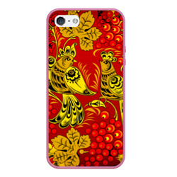 Чехол для iPhone 5/5S матовый Хохломская Роспись Две Птици На Красном Фоне