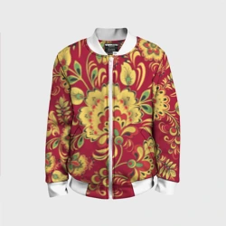 Детский бомбер 3D Хохломская Роспись Цветы На красном Фоне
