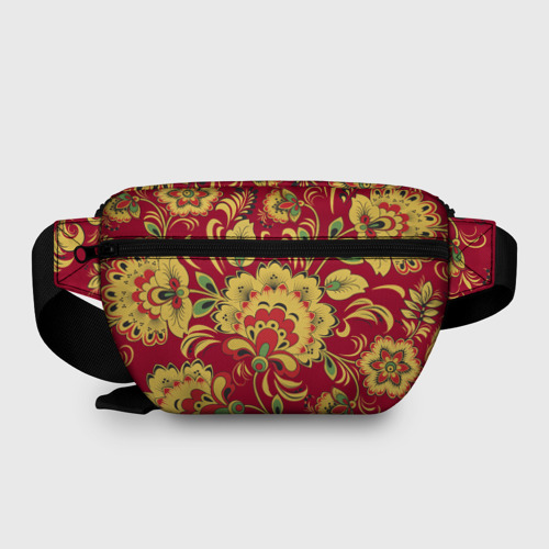 Поясная сумка 3D с принтом Хохломская Роспись Цветы На красном Фоне, вид сзади #1