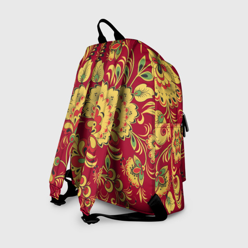 Рюкзак 3D с принтом Хохломская Роспись Цветы На красном Фоне, вид сзади #1