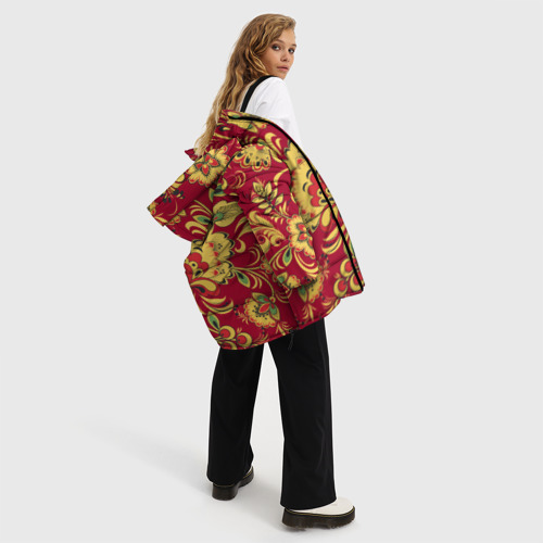 Женская зимняя куртка 3D с принтом Хохломская Роспись Цветы На красном Фоне, вид сбоку #3