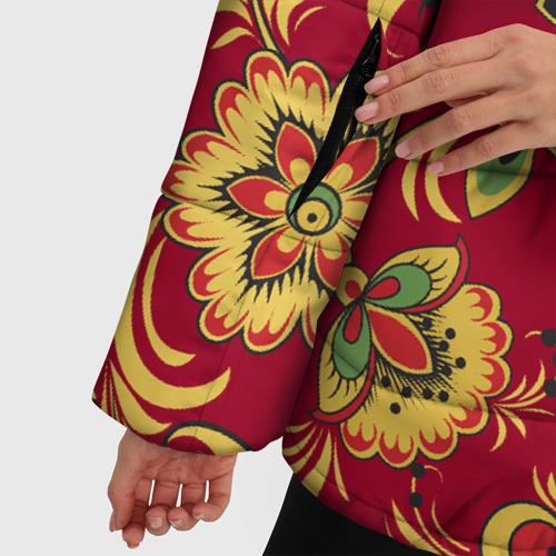 Женская зимняя куртка 3D с принтом Хохломская Роспись Цветы На красном Фоне, фото #4