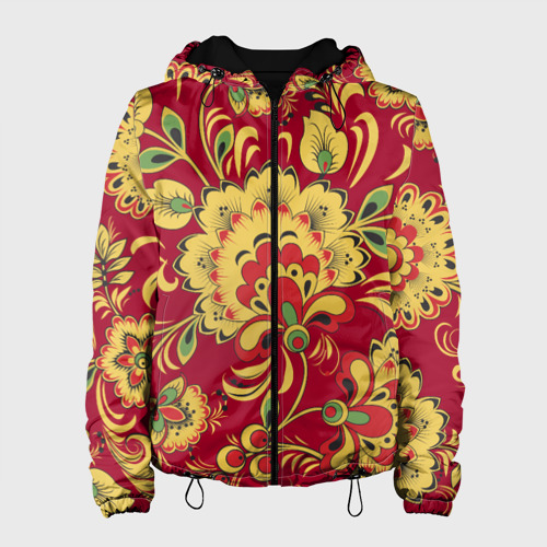 Женская куртка 3D Хохломская Роспись Цветы На красном Фоне, цвет черный