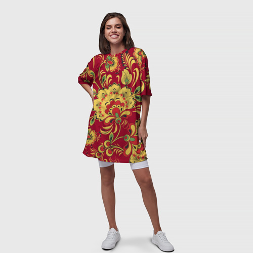 Платье-футболка 3D Хохломская Роспись Цветы На красном Фоне, цвет 3D печать - фото 5