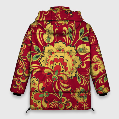 Женская зимняя куртка 3D с принтом Хохломская Роспись Цветы На красном Фоне, вид сзади #1