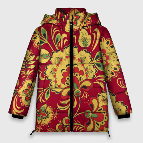 Женская зимняя куртка 3D с принтом Хохломская Роспись Цветы На красном Фоне, вид спереди #2