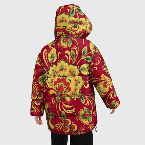Женская зимняя куртка 3D с принтом Хохломская Роспись Цветы На красном Фоне, вид сзади #2