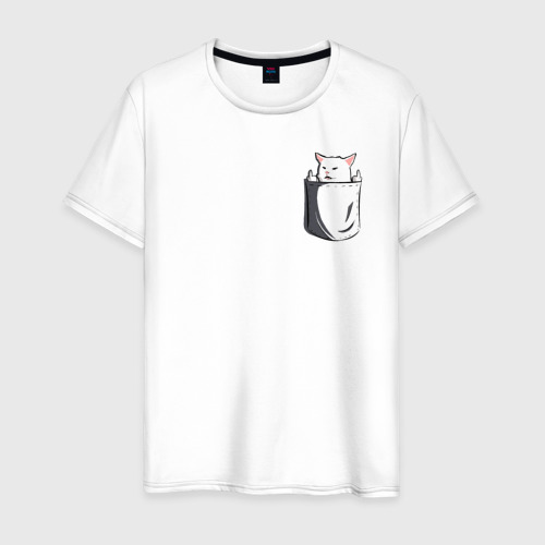 Мужская футболка из хлопка с принтом Карманный кот мем, вид спереди №1