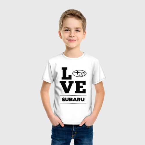 Детская футболка хлопок с принтом Subaru Love Classic, фото на моделе #1