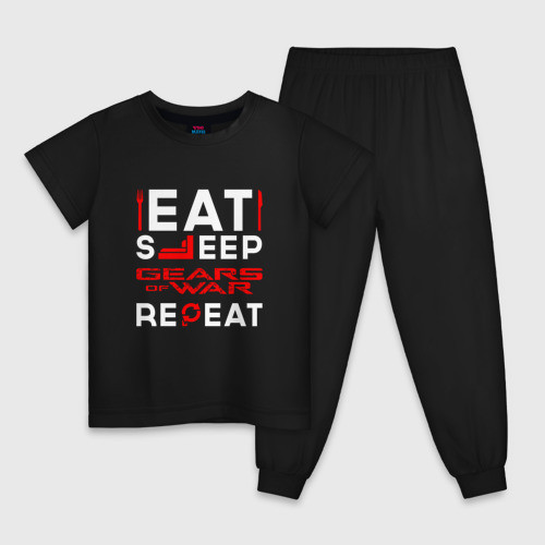 Детская пижама хлопок Надпись Eat Sleep Gears of War Repeat , цвет черный