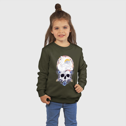 Детский свитшот хлопок с принтом Лебедь солнце цветы и череп / Герб, фото на моделе #1