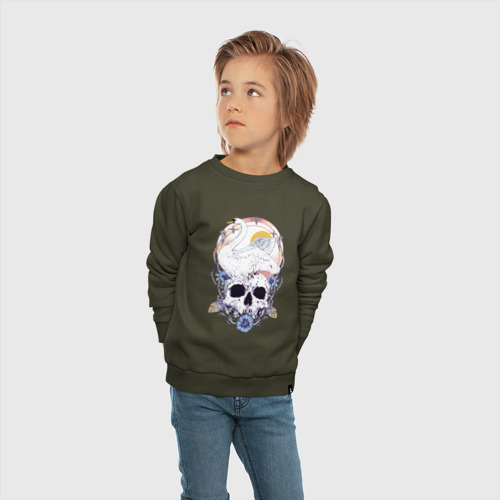 Детский свитшот хлопок с принтом Лебедь солнце цветы и череп / Герб, вид сбоку #3