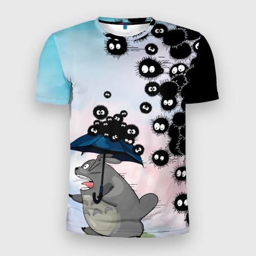 Мужская футболка 3D Slim с принтом Тоторо бегущий от чернушек, вид спереди #2
