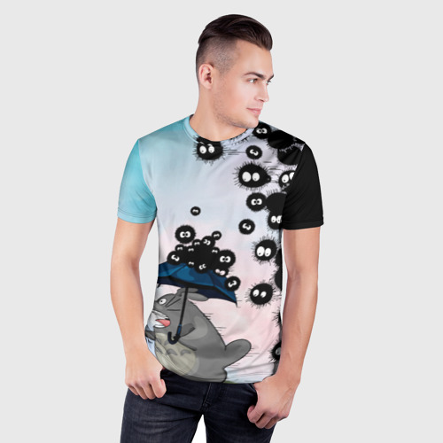 Мужская футболка 3D Slim с принтом Тоторо бегущий от чернушек, фото на моделе #1
