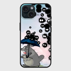 Чехол силиконовый для Apple iPhone 15 матовый Тоторо бегущий от чернушек