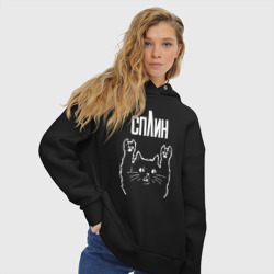 Худи с принтом Сплин рок кот для женщины, вид на модели спереди №3. Цвет основы: черный