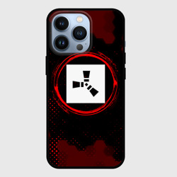 Чехол для iPhone 13 Pro Символ Rust и краска вокруг на темном фоне