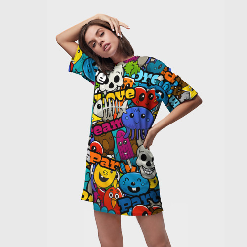 Платье-футболка 3D Красочный паттерн из мультяшных героев, цвет 3D печать - фото 3