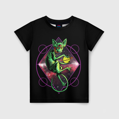 Детская футболка с принтом Кот сфинкс инопланетянин арт, вид спереди №1