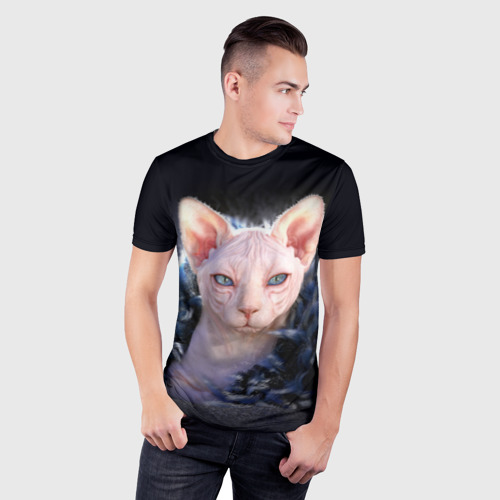 Мужская футболка 3D Slim с принтом Кошка сфинкс, фото на моделе #1