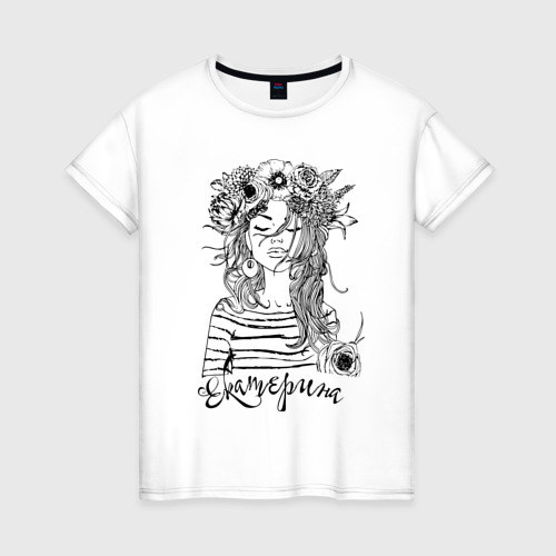 Женская футболка хлопок Прекрасная Екатерина Венок из цветов, цвет белый