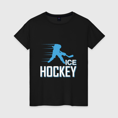Женская футболка хлопок с принтом Хоккей Силуэт спортсмена, вид спереди #2