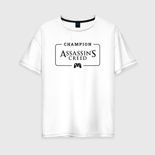 Женская футболка хлопок Oversize Assassin's Creed Gaming Champion: рамка с лого и джойстиком, цвет белый