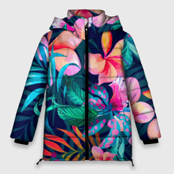 Яркие тропические цветы – Женская зимняя куртка Oversize с принтом купить