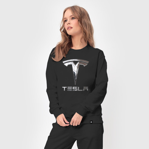 Женский костюм хлопок с принтом Tesla Logo | Тесла Логотип, вид сбоку #3