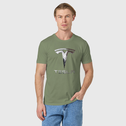 Мужская футболка хлопок Tesla Logo Тесла Логотип, цвет авокадо - фото 3