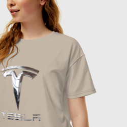 Женская футболка хлопок Oversize Tesla Logo Тесла Логотип - фото 2