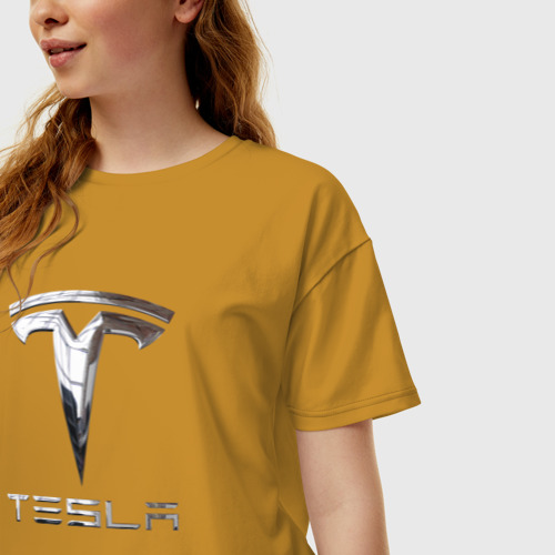 Женская футболка хлопок Oversize Tesla Logo Тесла Логотип, цвет горчичный - фото 3