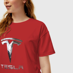 Женская футболка хлопок Oversize Tesla Logo Тесла Логотип - фото 2