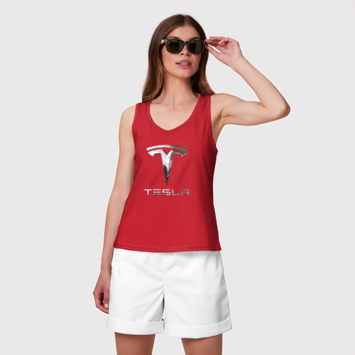 Женская майка хлопок Tesla Logo Тесла Логотип, цвет красный - фото 3