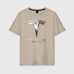 Женская футболка хлопок Oversize Tesla Logo Тесла Логотип