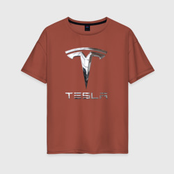 Женская футболка хлопок Oversize Tesla Logo Тесла Логотип