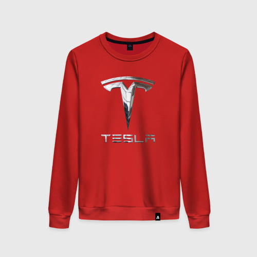 Женский свитшот хлопок Tesla Logo Тесла Логотип, цвет красный