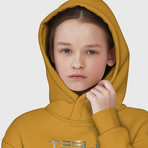 Детское худи Oversize хлопок Tesla Logo Тесла Логотип Карбон, цвет горчичный - фото 6