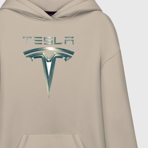 Худи SuperOversize хлопок Tesla Logo Тесла Логотип Карбон, цвет миндальный - фото 3