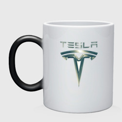 Кружка хамелеон Tesla Logo Тесла Логотип Карбон