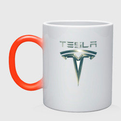 Кружка хамелеон Tesla Logo Тесла Логотип Карбон