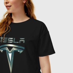 Женская футболка хлопок Oversize Tesla Logo Тесла Логотип Карбон - фото 2