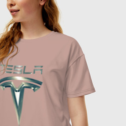 Женская футболка хлопок Oversize Tesla Logo Тесла Логотип Карбон - фото 2