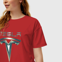 Женская футболка хлопок Oversize Tesla Logo Тесла Логотип Карбон - фото 2